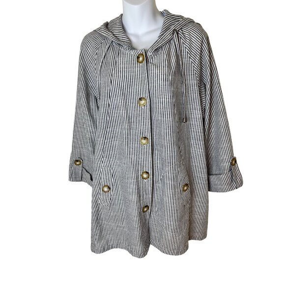Jones New York 1X Striped Hooded Button-Front Beach Jacket linen Blend Black - Picture 5 of 6